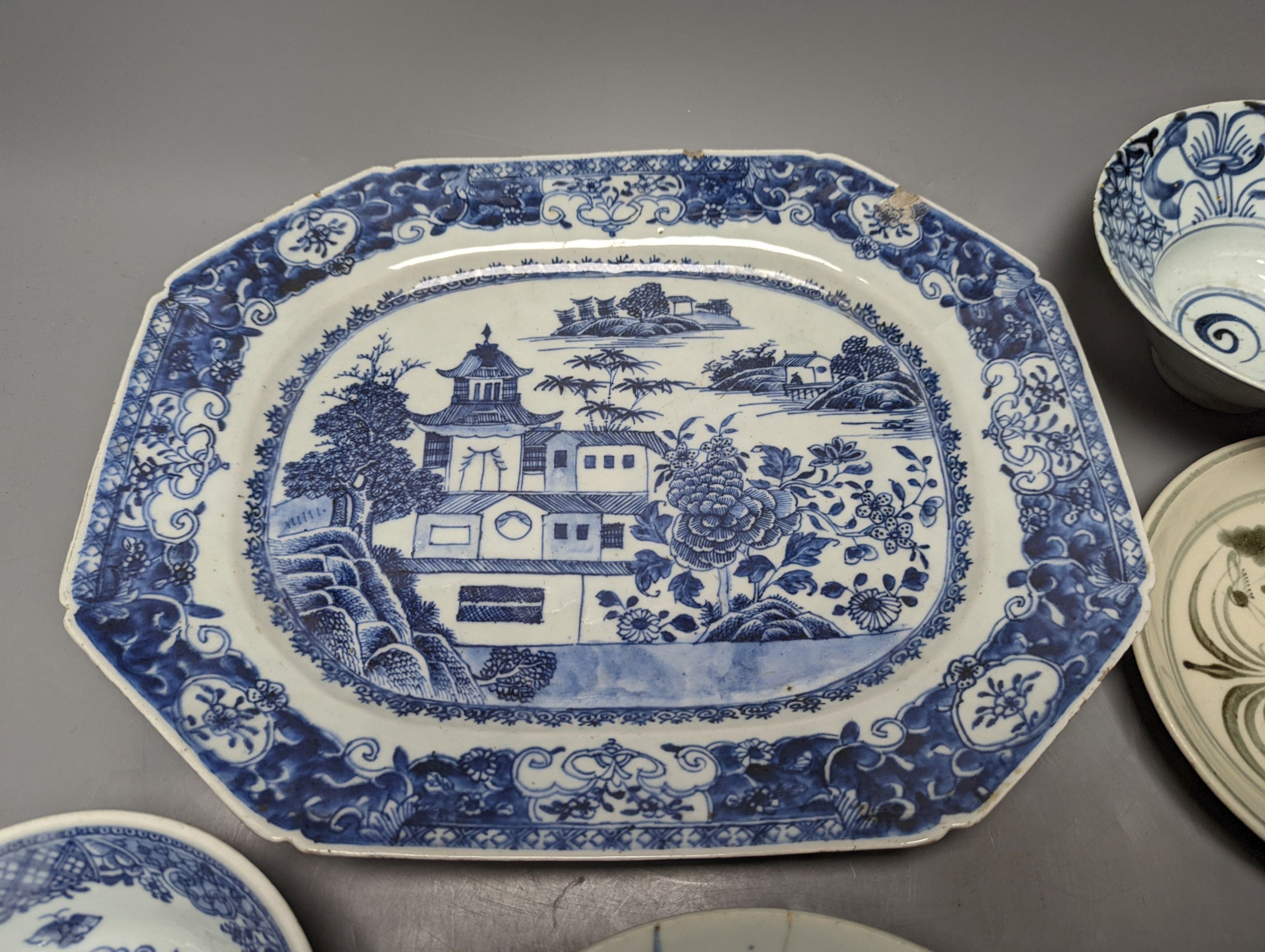 An 18th century Chinese export blue and white meat platter, 38 cms wide, and other Oriental tableware (6)